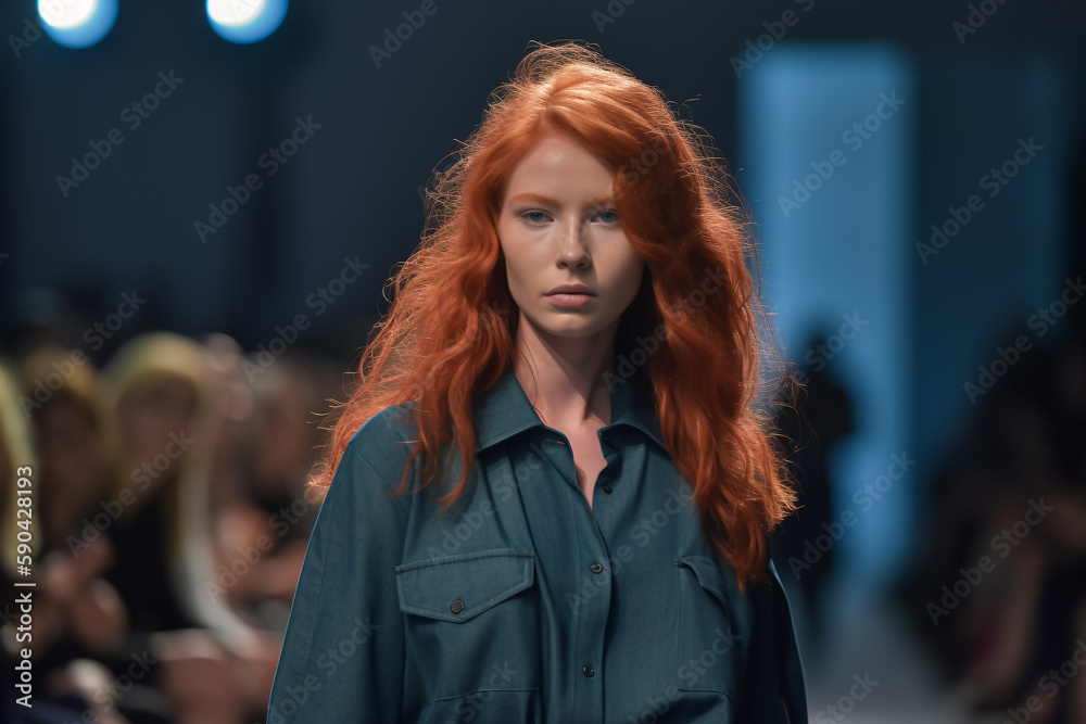 Vibrant Redhead: Fashion Show Runway Look, Generative Ai
