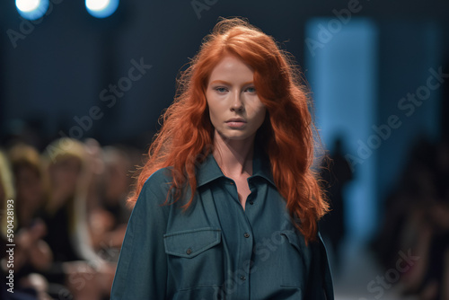 Vibrant Redhead: Fashion Show Runway Look, Generative Ai