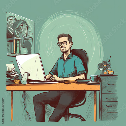 businessman in office, working with his laptop, happy to work from home, young business man, home office, well dressed.
