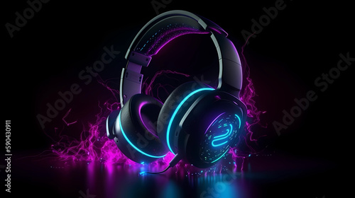 Neon glowing headphones electro house music cover album