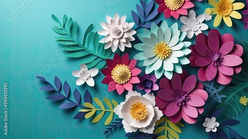 Paper art of colorful paper cut flowers. Generative AI