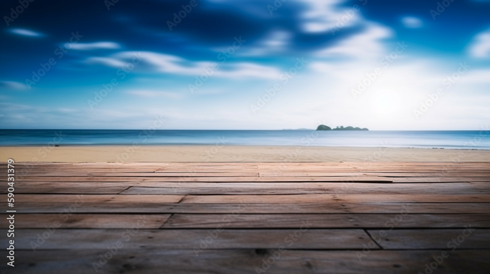 Empty wooden desk or wooden floor space and summer sea side sunny day on background. Product display montage. template web site design Empty wooden desk or wooden floor space and summer sea side sunny day on background. Product display montage. template web site design