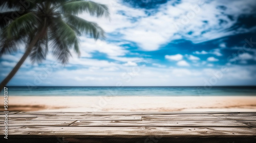 Empty wooden desk or wooden floor space and summer sea side sunny day on background. Product display montage. template web site design