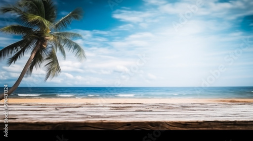 Empty wooden desk or wooden floor space and summer sea side sunny day on background. Product display montage. template web site design