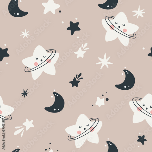 Vector hand-drawn color seamless childish simple pattern for kids with cute starss and moons in Scandinavian style on a blue background. Baby pattern with night sky. Fabric design. Wallpaper. photo