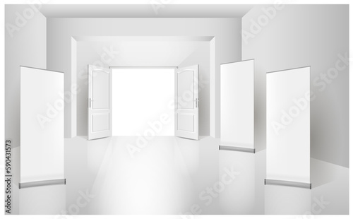 The interior of an empty room with a white banner and an open door.
Free space for copying, 3d vector image.