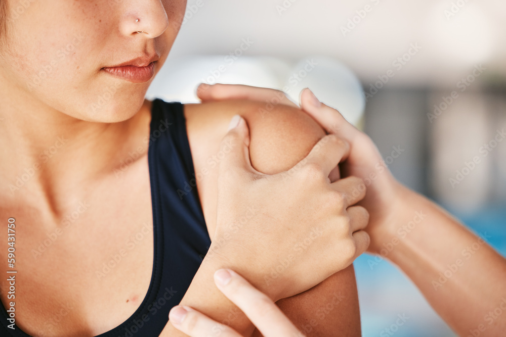 Naklejka premium Woman, shoulder pain or girl swimmer with injury after exercise, training or workout accident in practice. Helping hands, sports athlete or closeup of person with tendinitis, muscle or broken bone