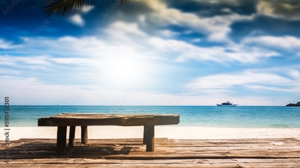 Empty wooden desk or wooden floor space and summer sea side sunny day on background. Product display montage. template web site design Empty wooden desk or wooden floor space and summer sea side sunny day on background. Product display montage. template web site design
