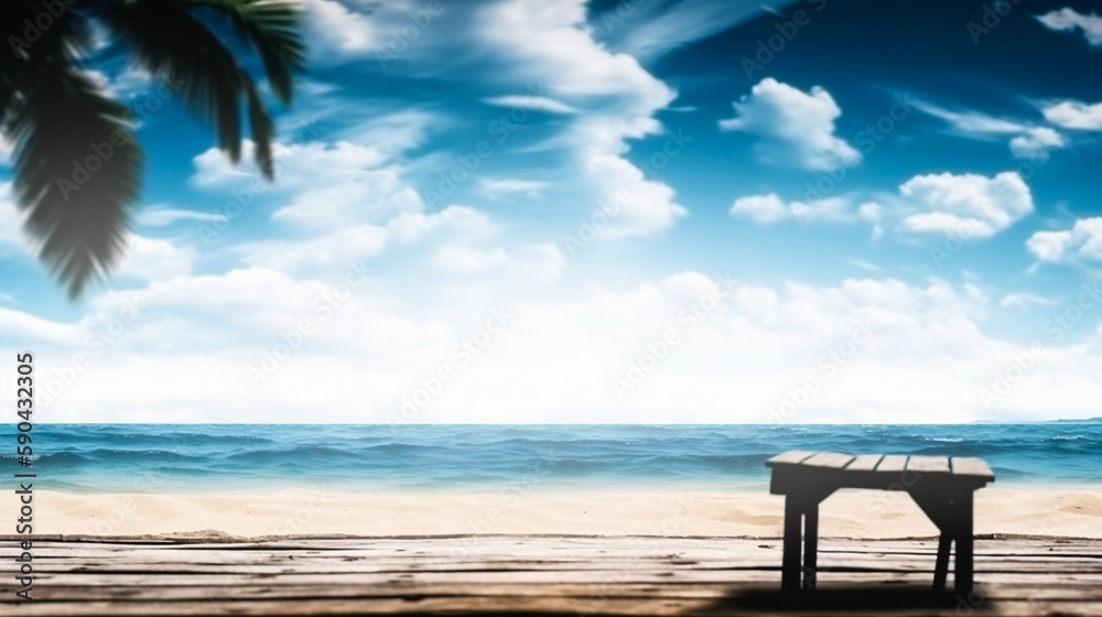 Empty wooden desk or wooden floor space and summer sea side sunny day on background. Product display montage. template web site design Empty wooden desk or wooden floor space and summer sea side sunny day on background. Product display montage. template web site design