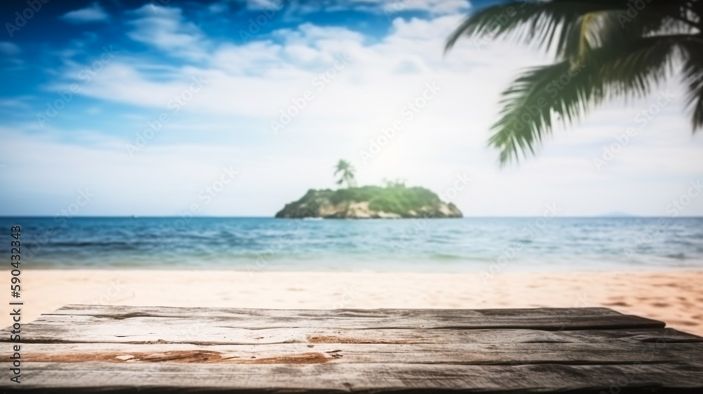 Empty wooden desk or wooden floor space and summer sea side sunny day on background. Product display montage. template web site design Empty wooden desk or wooden floor space and summer sea side sunny day on background. Product display montage. template web site design
