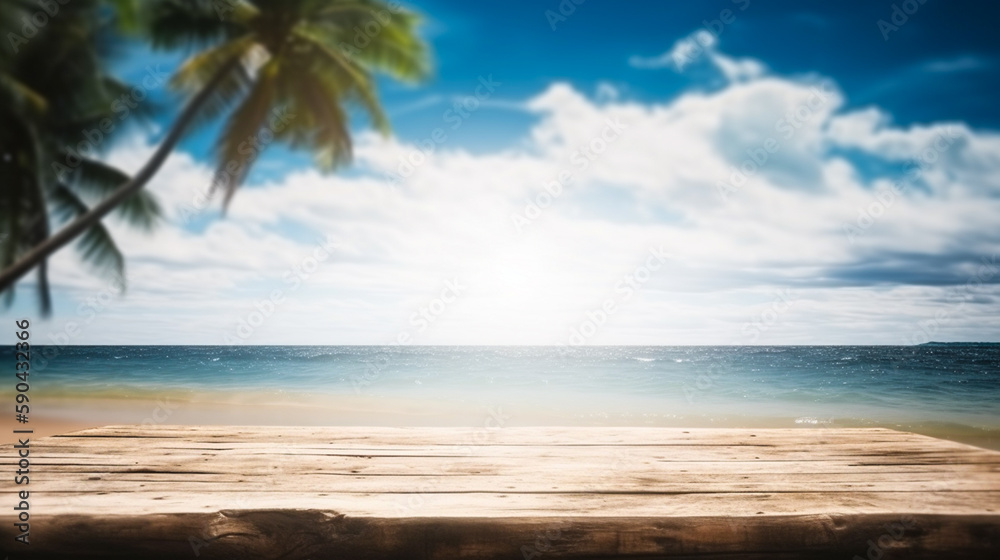 Empty wooden desk or wooden floor space and summer sea side sunny day on background. Product display montage. template web site design