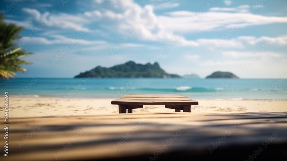 Empty wooden desk or wooden floor space and summer sea side sunny day on background. Product display montage. template web site design Empty wooden desk or wooden floor space and summer sea side sunny day on background. Product display montage. template web site design