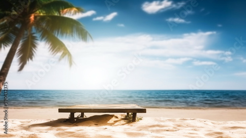 Empty wooden desk or wooden floor space and summer sea side sunny day on background. Product display montage. template web site design