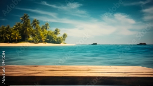 Empty wooden desk or wooden floor space and summer sea side sunny day on background. Product display montage. template web site design © benjawan
