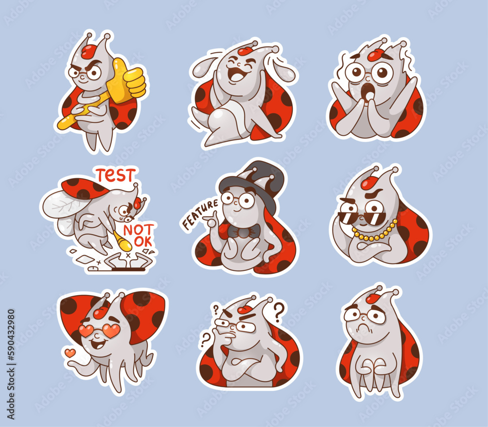 Set of vector stickers of ladybug character in cartoon style. Like ...