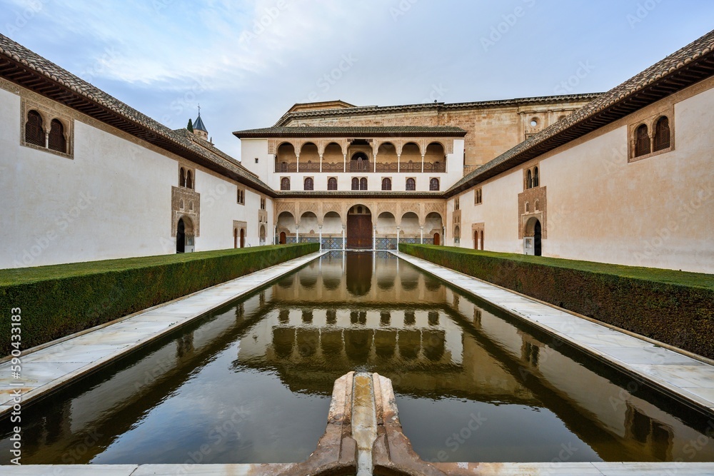 Court of the Myrtles in Nasrid Palace in Alhambra, Granada, Spain.