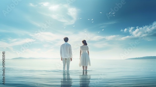 美しい海・湖の中にいる白い服の男女のカップルの後ろ姿（Generative AI）
