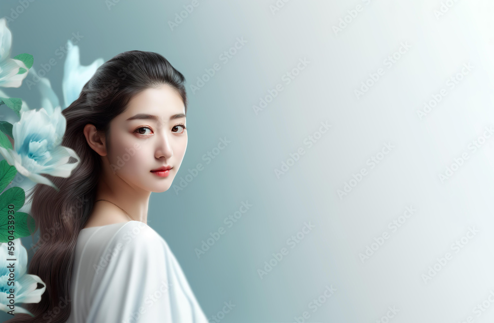 微笑むアジア人女性と花の美容イメージ（Generative AI）
