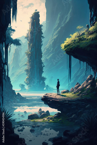 Lone adventurer discovering alien world with big trees ,made with Generative AI