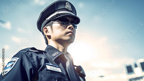 青空の中働く警察官・ポリスの男性（Generative AI） 
