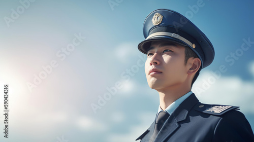 青空の中働く警察官・ポリスの男性（Generative AI）
