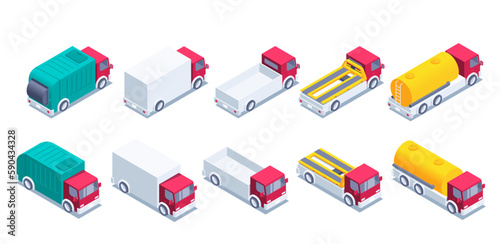 isometric vector illustration isolated on white background, truck set, tow truck with garbage truck and fuel truck, working transport