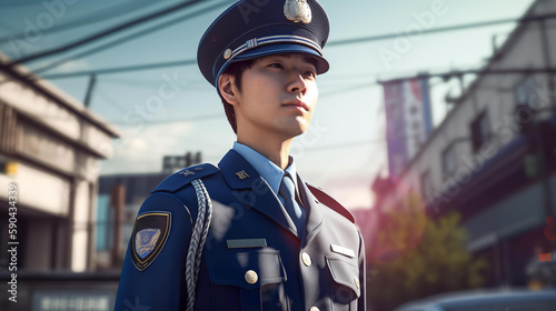 街の交番・駐在所で働く警察官・ポリスの男性（Generative AI）
