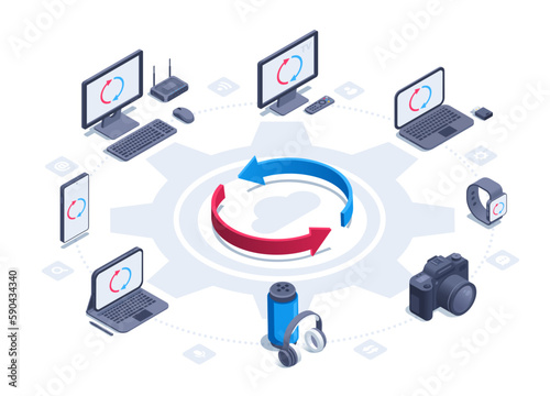 isometric vector illustration isolated on white background, set of gadgets with arrows in the center, gadget synchronization or wireless communication and cloud data storage