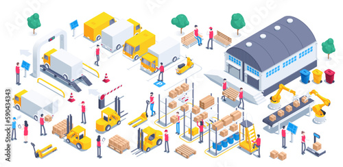 Fototapeta Naklejka Na Ścianę i Meble -  isometric vector illustration on a white background, people work on with cargo and transport carrying cargo and line with robots, shelves with boxes and canisters and pallets, warehouse work