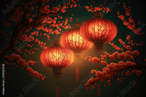Red lanterns in the night of chinese new year ,made with Generative AI © DNY3D