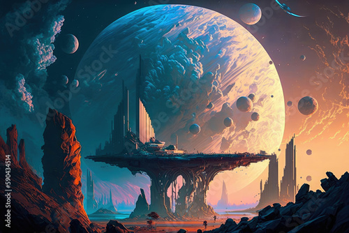 Lone adventurer discovering alien world with big moons ,made with Generative AI