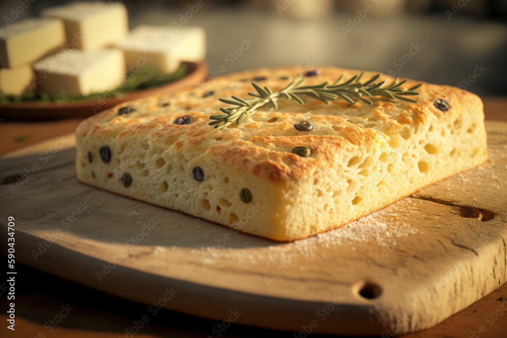 Italian focaccia bread with rosemary and garlic ,made with Generative AI