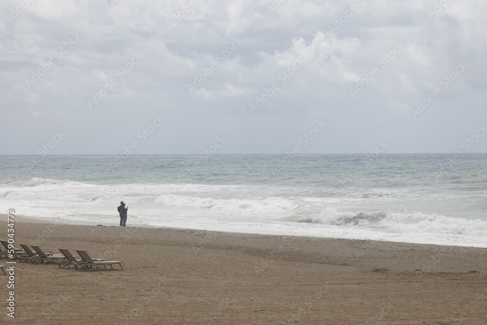 Storm on the beach on a cloudy day, minimalism, Alanya, Turkey, April 2023.