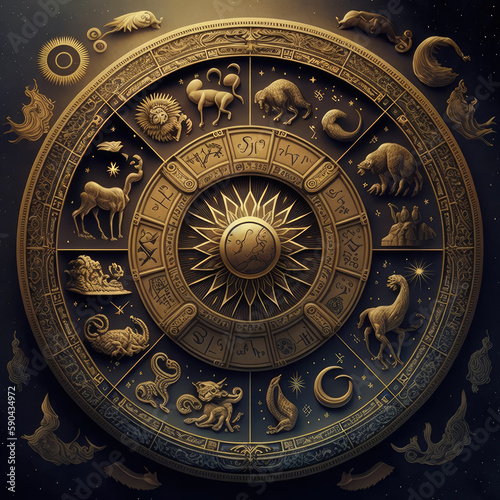 Zodiac fantasy  signs with stars and planets  gold on dark background  made with generative AI