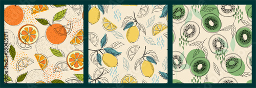 Set artistic seamless patterns abstract fruits. Oranges, simple shapes, leaves, kiwi, citrus bright summer colors for prints, wallpaper, textiles. Vector set.