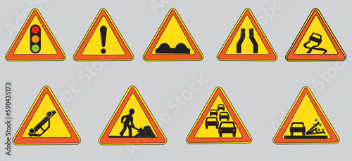 traffic signs,Road signs warn about the situation of traffic rules, vector red triangle. set of symbols.