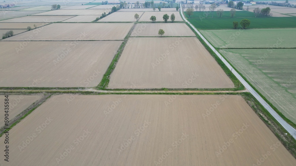 Europe, Italy, Milan - Water emergency and drought in Lombardy, lack of water for irrigation of cultivated fields - drone view of  rice fields with no water -  agriculture and dry land