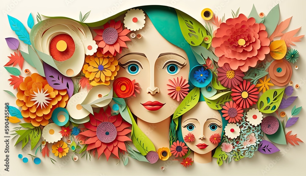 Mother's day, 3d papercut mother with kid, a beautiful woman with baby floral design, International Mother's Day Mother's day, 3d papercut mother with kid, a beautiful woman with baby floral design, International Mother's Day