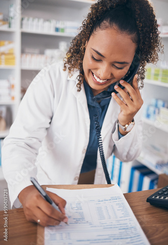 Phone call, pharmacy and pharmacist woman with medicine checklist, customer service or virtual healthcare support. Happy doctor writing medical note, health insurance document and telephone help desk