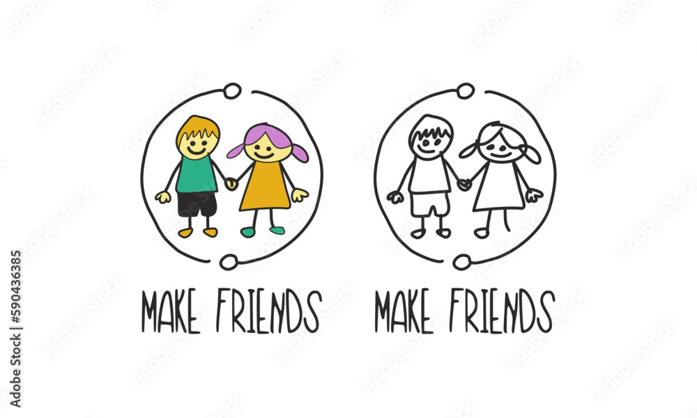 illustration two kids make friends, doodle art, kids logo