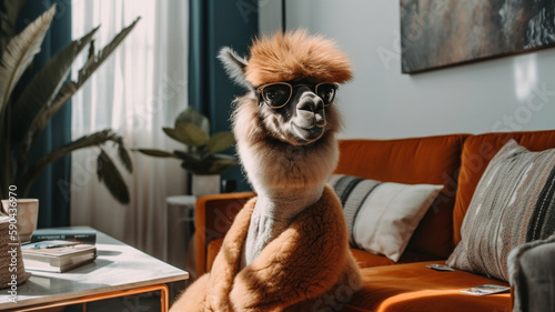 A cool looking alpaca wearing a suit and sunglasses on a light yellow couch in a modern apartment with modern art. Generative AI