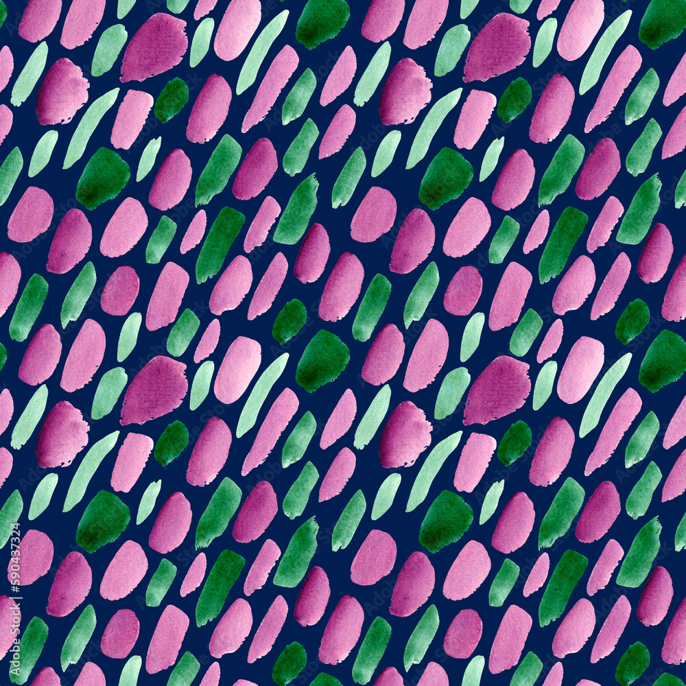 Seamless pattern of watercolor abstract shapes pink and green. Elements on dark blue background.	