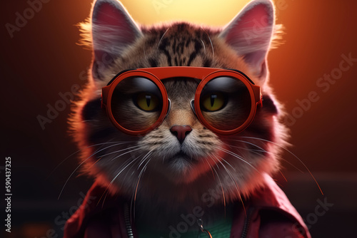 Cool hipster cat in stylish red glasses. Funny studio portrait of fluffy pet looking at camera. Animal Generative AI