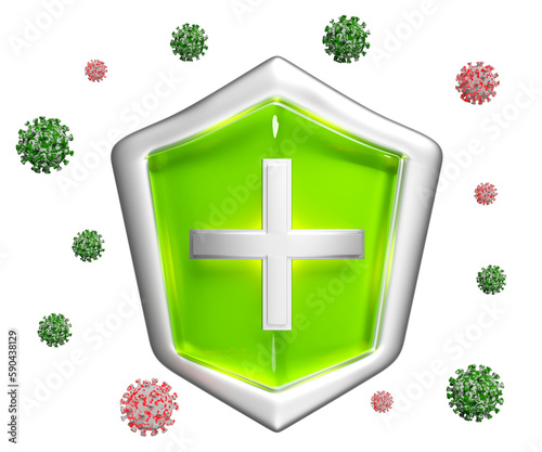 3d bacteria protection, icon for health protection green shield with cross, anti germ defence, health insurance, health protected metal shield symbol isolated. 3d render