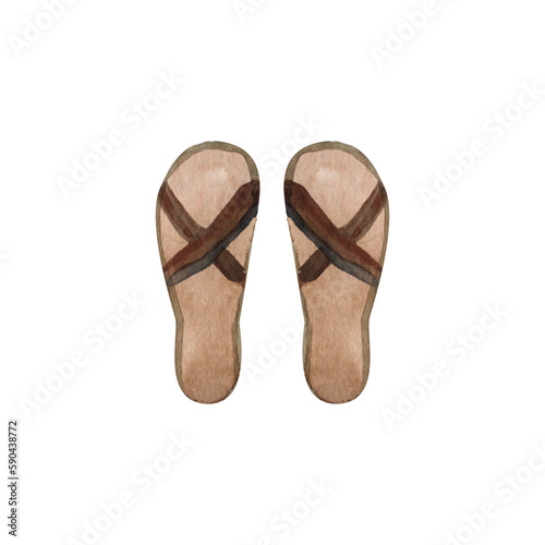 Vacation shoes, brown and lilac slates, beach flip-flops, watercolor illustration isolated on a white background
