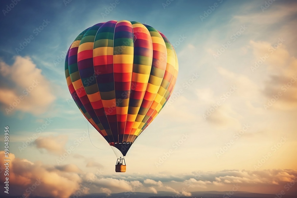 Naklejka premium Colorful Hot Air Balloons in Blue Sky Horizon. Copy Space Background