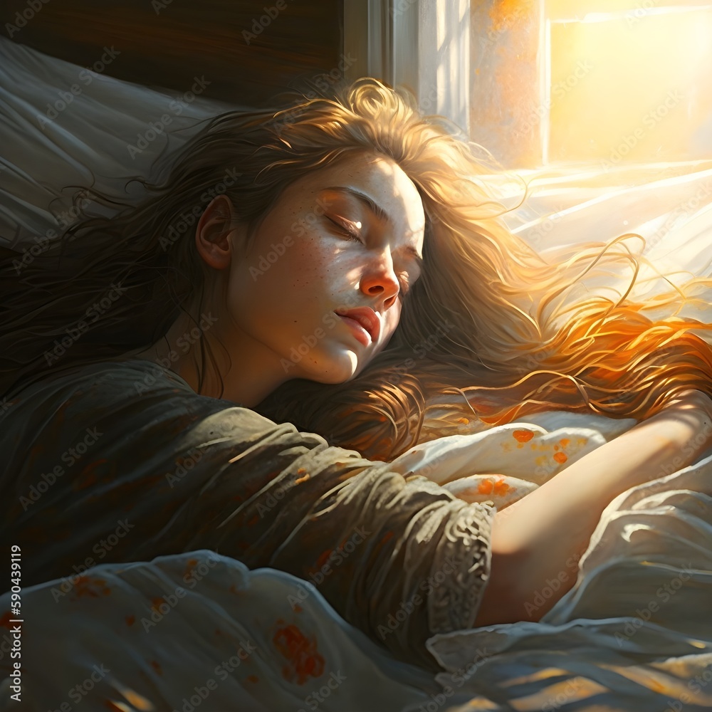 beautiful girl lying supine on a bed undone waking up in the morning