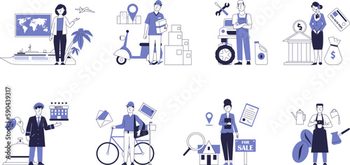 Set of various workers in the service industry. Vector concepts of services.