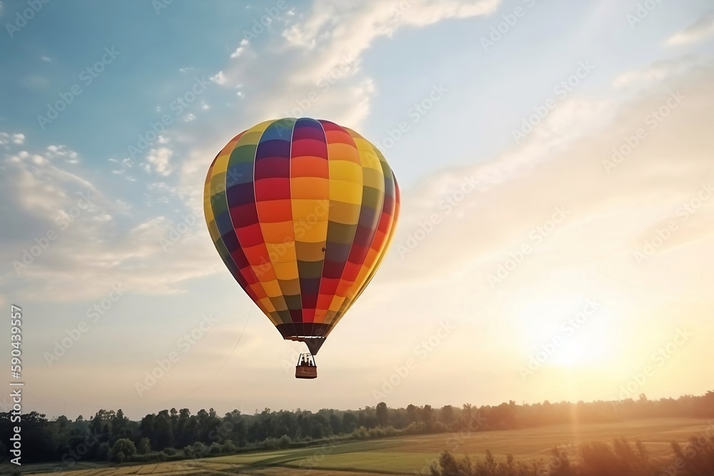 Fototapeta premium Colorful Hot Air Balloons in Blue Sky Horizon. Copy Space Background