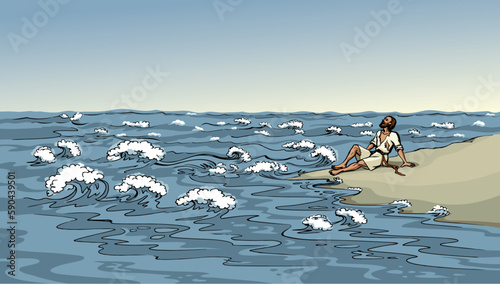 Vector drawing. A man on the shore after a shipwreck